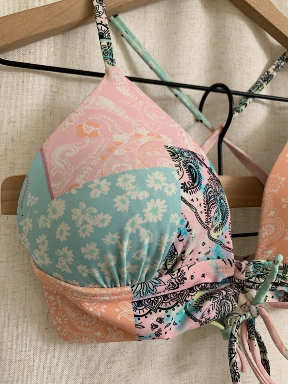 Salt + Cove Pastel Patchwork Push Up Tie Front Swim Top Pink Aqua Midkini D/DD - Picture 2 of 7